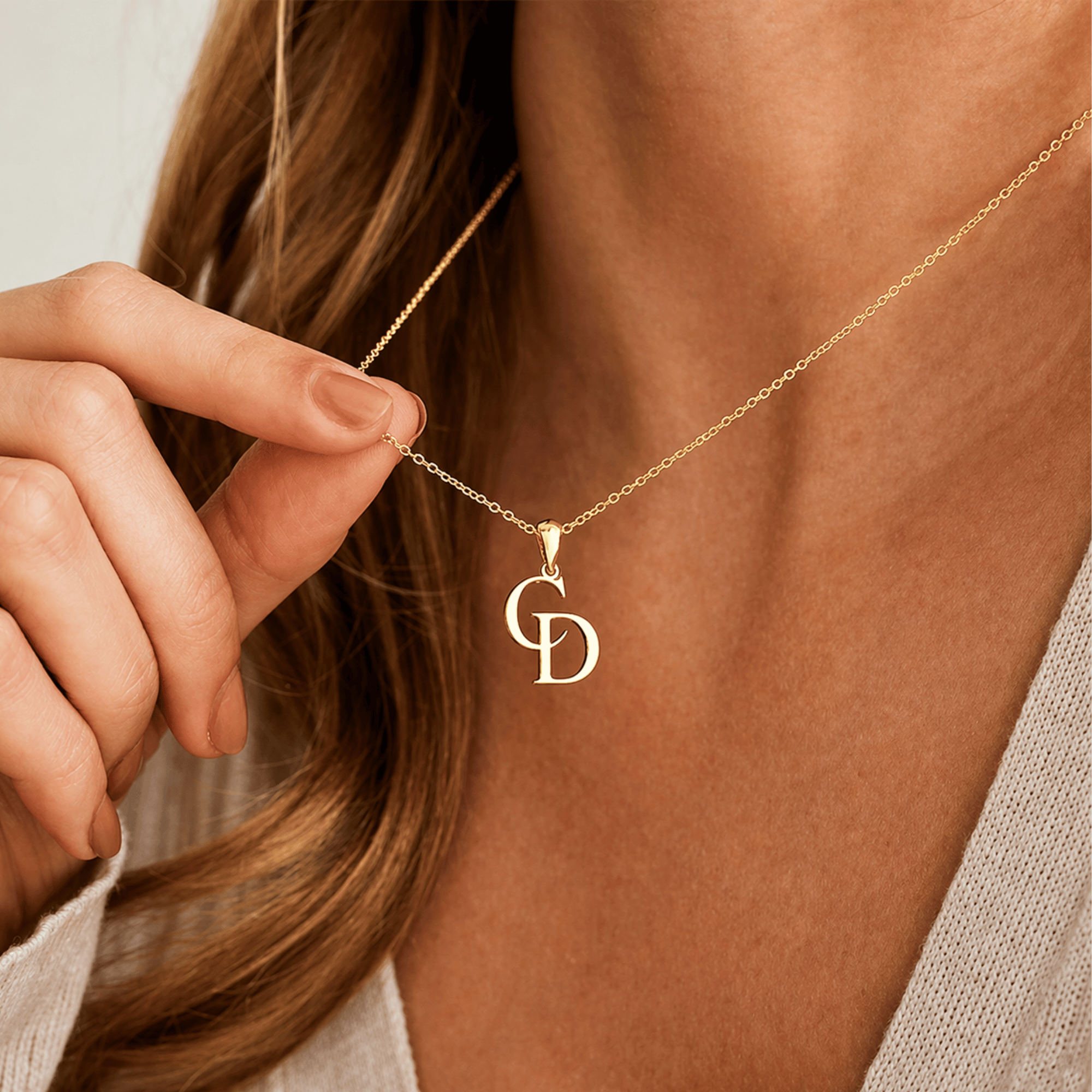 Personalized double initial necklace in 14K gold-tone stainless steel with custom letter pendants
