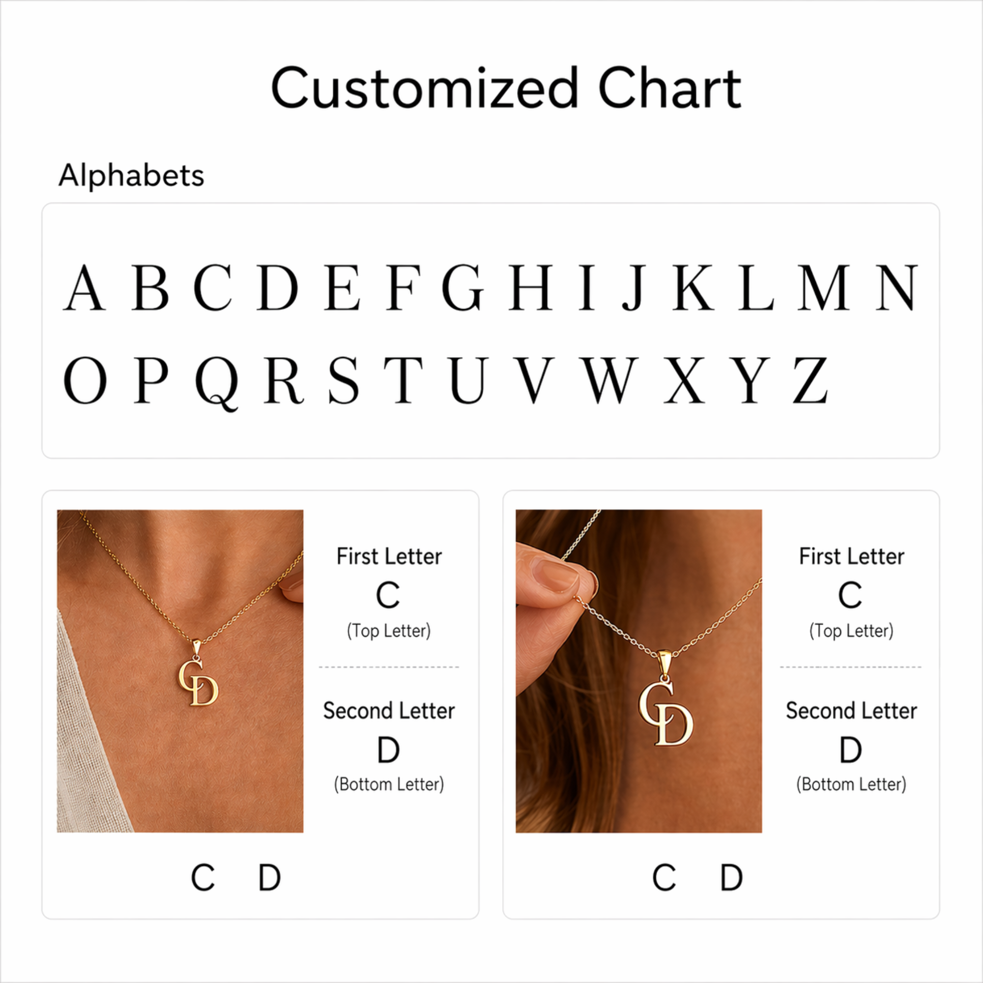 Personalized double initial necklace in 14K gold-tone stainless steel with custom letter pendants